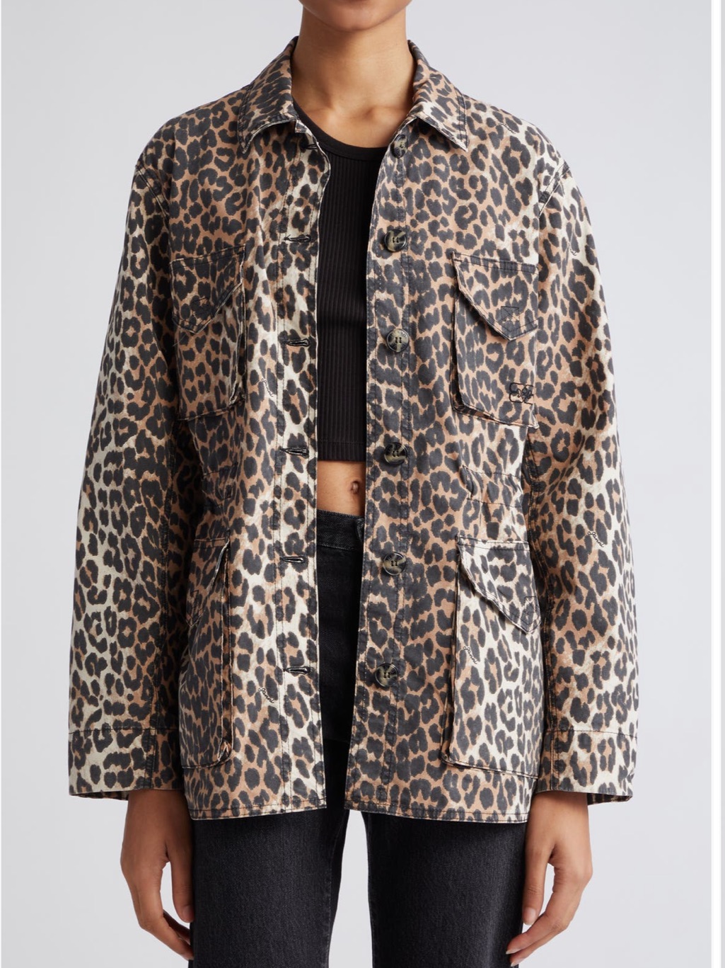 Ganni Leopard-Print Utility Jacket - Brown & Black